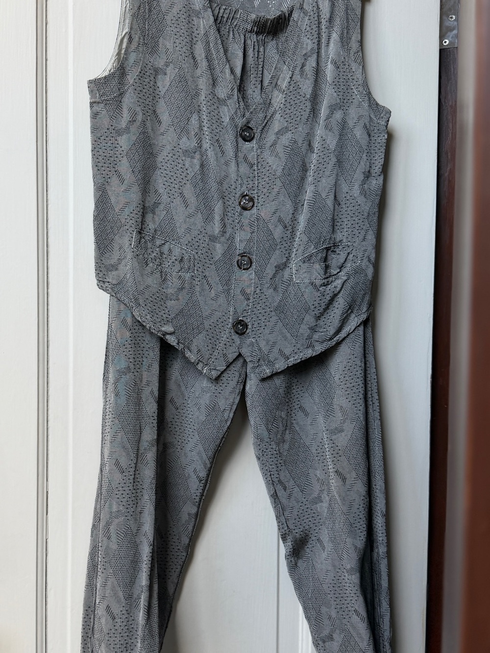CP Shades Vintage gray Jacquard Embroidered Pants Set Button-Front Vest